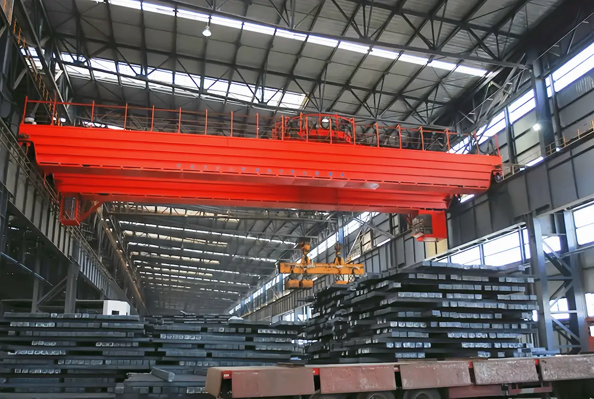 Bridge crane operating scene in a steel plant