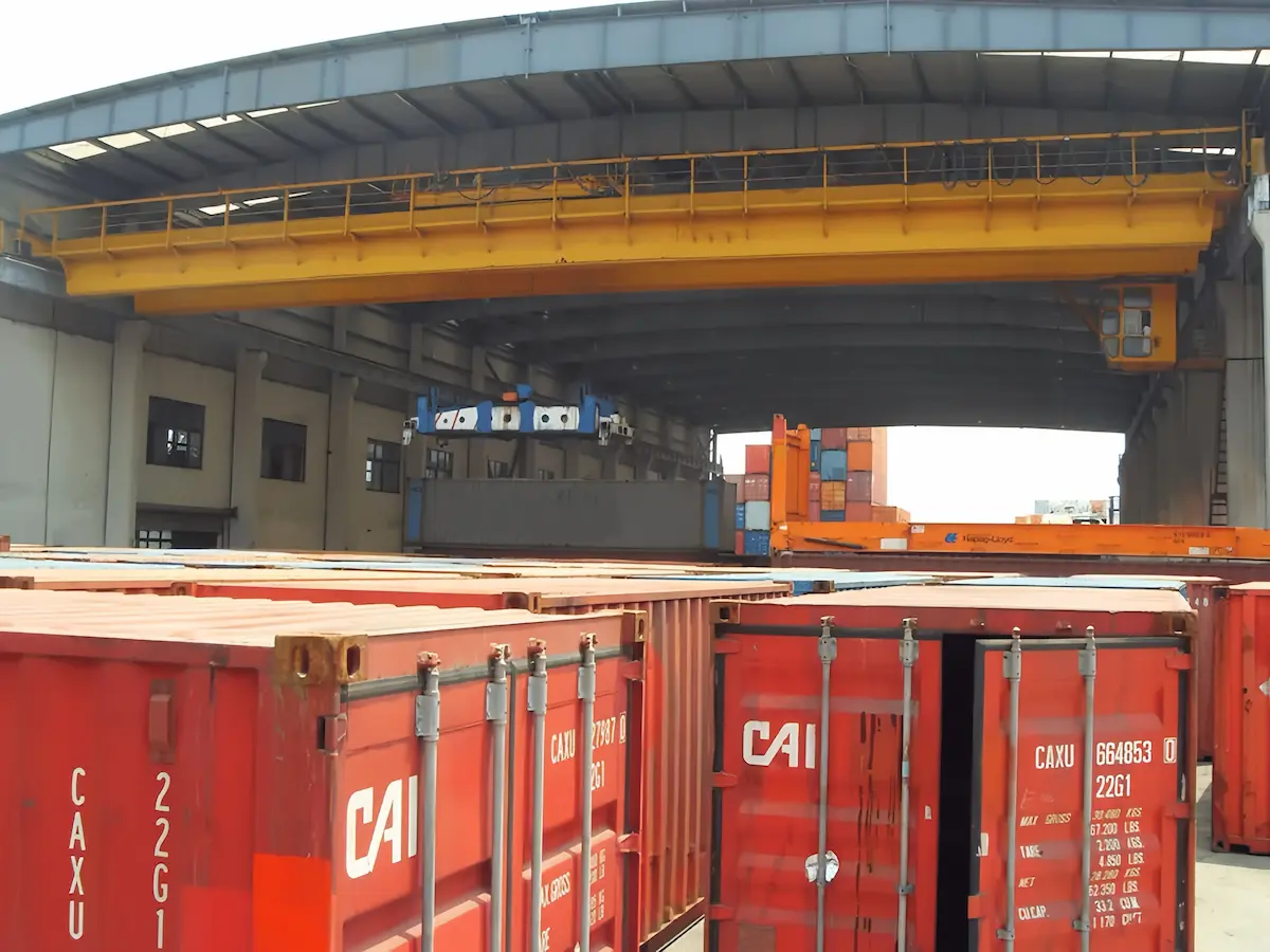 Bridge crane operating scene in warehouse